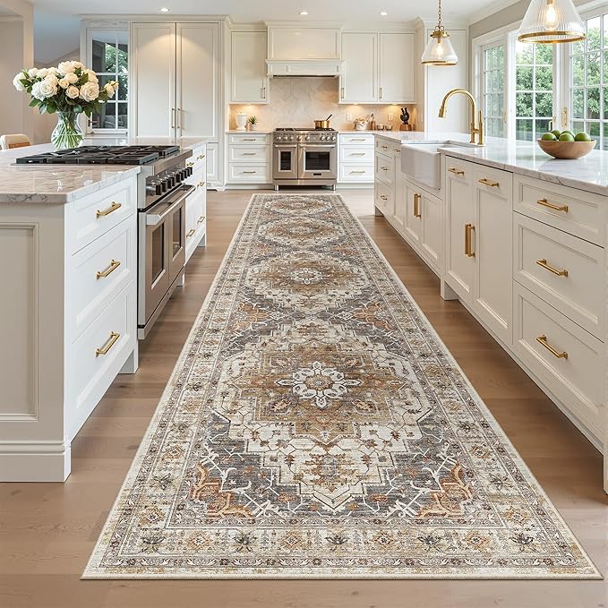 Madane Hallway Runner Rug 3x16 - Vintage Non Slip Washable 16ft Kitchen Runner for Entrance Soft Long Carpet Runners for Living Room Bathroom Low Pile Floor Mat for Bedroom Dining Room, Turmeric/Grey