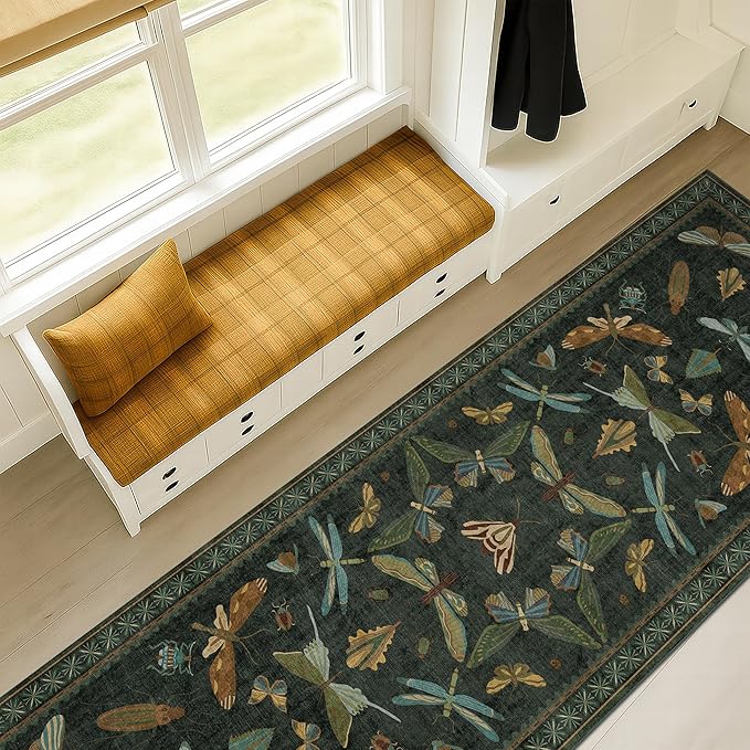 Hazo Haus 8 ft Long Hallway Runner Rug - Boho Green Rug for Kitchen Floor, Entrance Indoor, Washable Wide Runner Non Slip, Dark Green 2'6''x8'