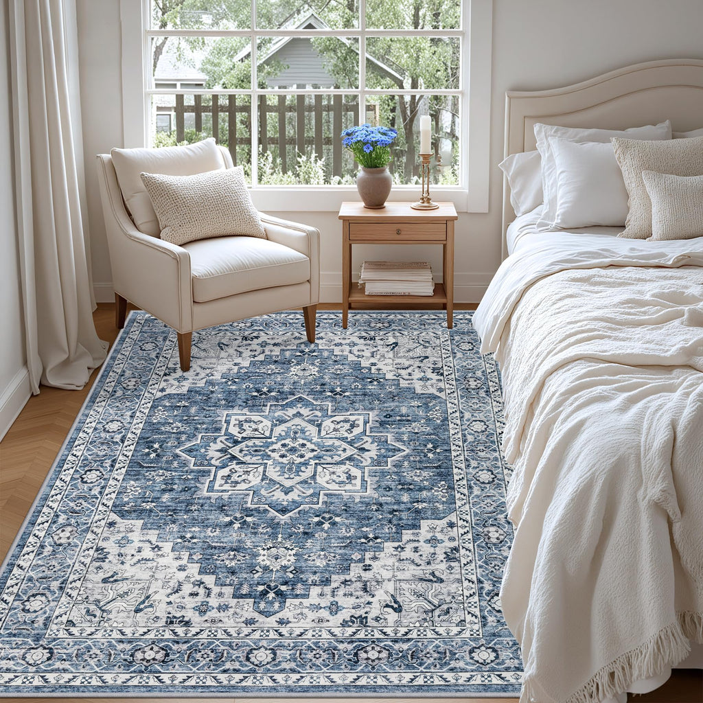 ExpediX 4x6 Area Rugs Living Room: Washable Vintage Rug for Bedroom Blue