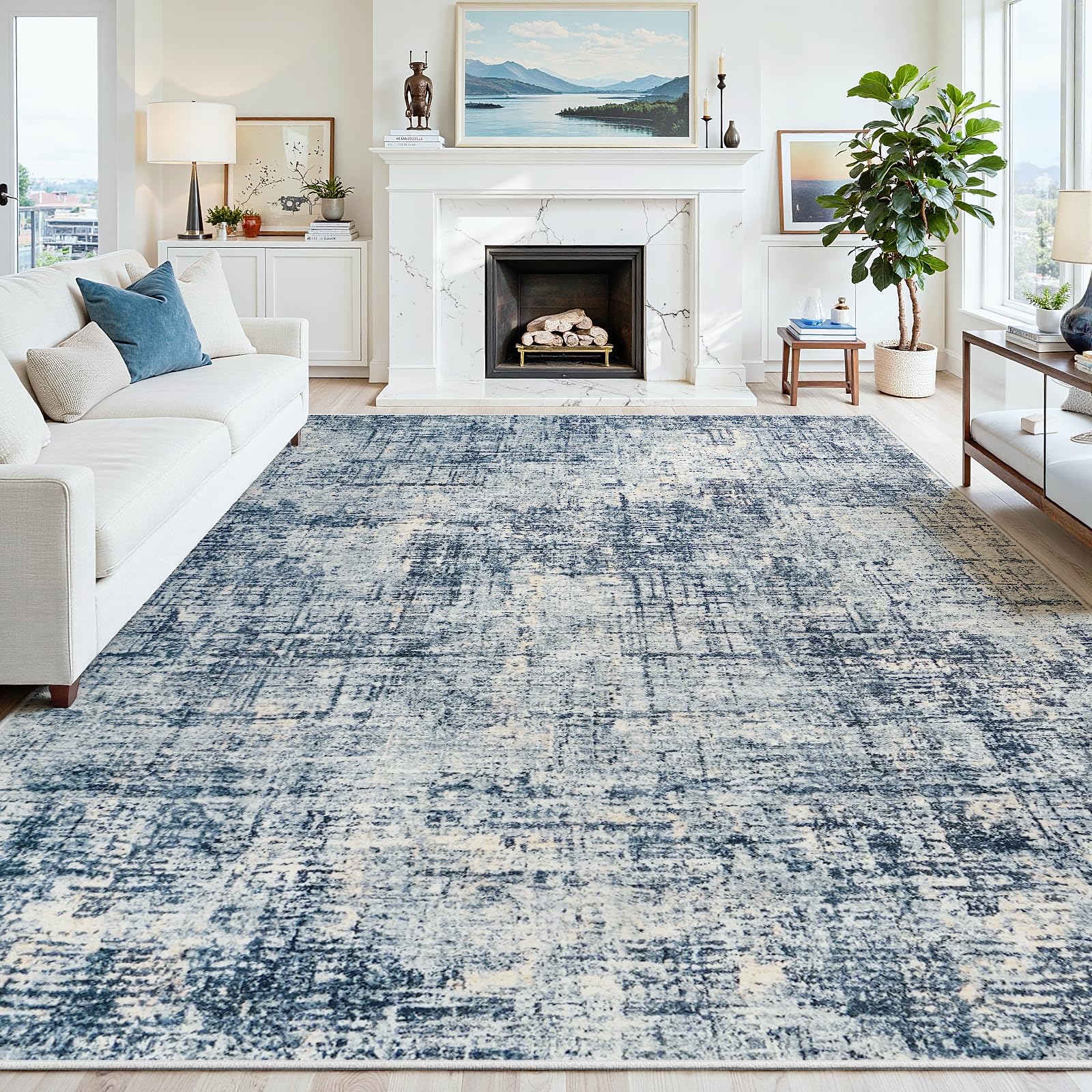 8x10 Washable Area Rug for Living Room Bedroom: Non-Slip Modern Blue Gold