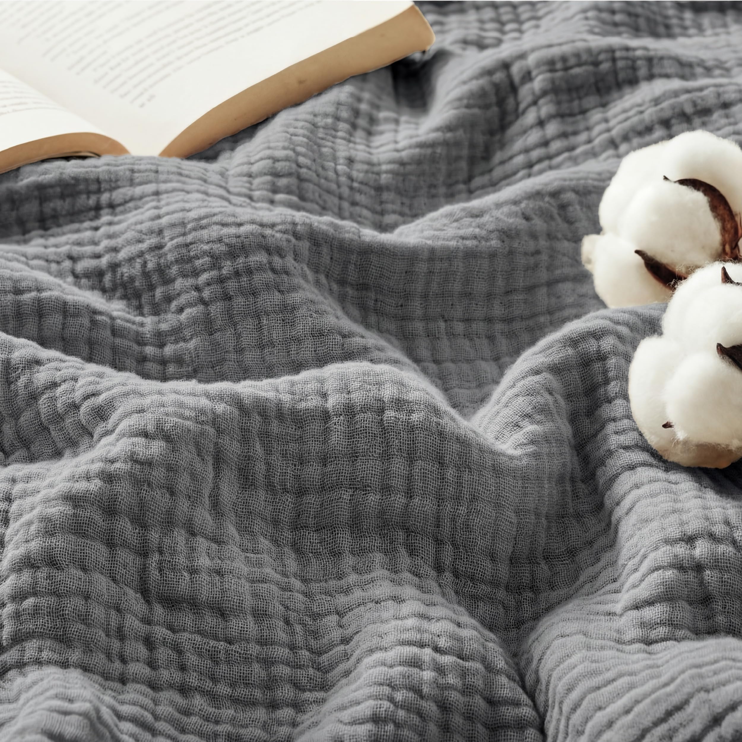 Bedsure 100% Cotton Muslin Throw Blanket Twin XL for Bed - 4-Layer Breathable and Lightweight Soft Gauze Muslin Blankets for Adults, PureWoven Thin Summer Blanket for College Dorm, Grey, 66x90 Inches