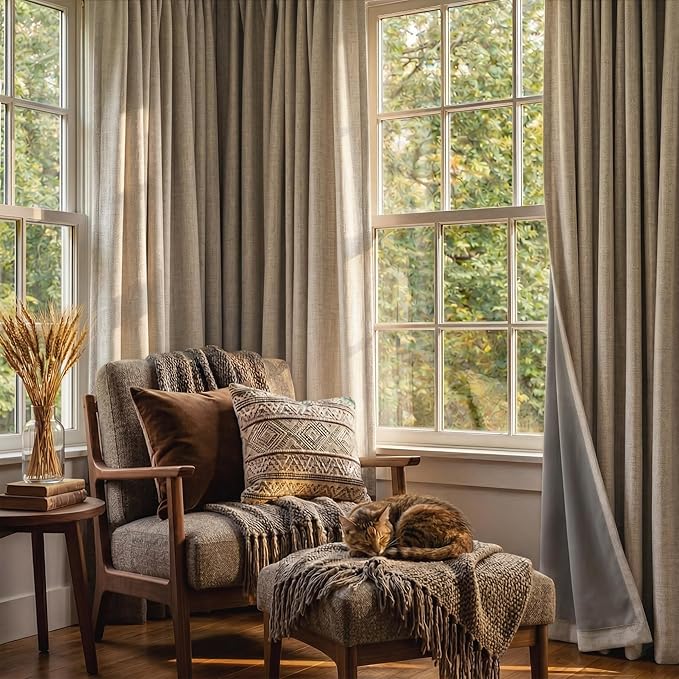 RYB HOME Burlap 100% Blackout Linen Curtains 78 Inch Long for Bedroom