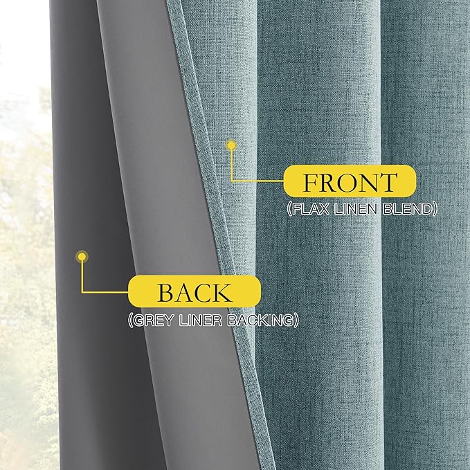 NICETOWN 100% Absolutely Blackout Linen Curtains with Thermal Insulated White Liner, Skylark Blue, 52 inches Wide, 63 inches Length Energy Saving Curtains for Cupboard 2 Panels Set, Vertical Blinds