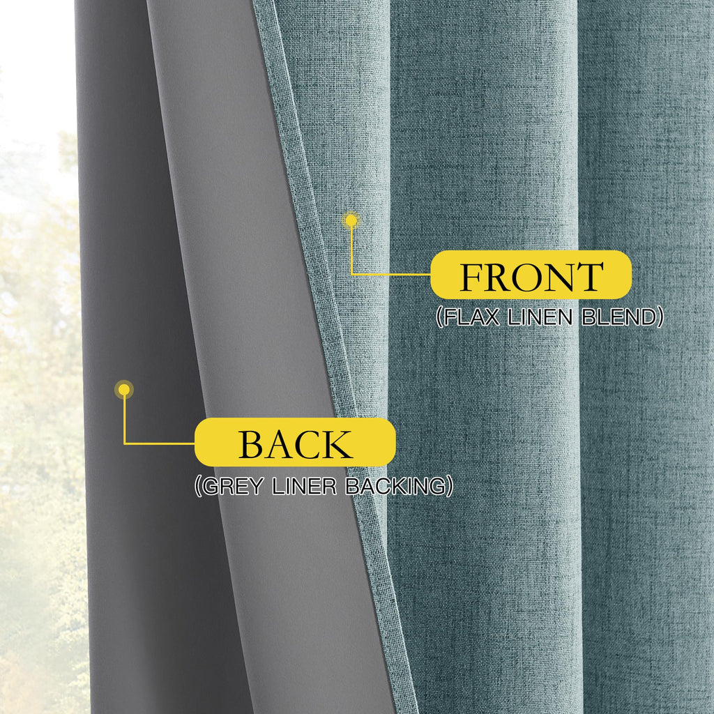 NICETOWN 100% Absolutely Blackout Linen Curtains with Thermal Insulated White Liner, Skylark Blue, 52 inches Wide, 95 inches Length Energy Saving Curtains for Living Room 2 Panels Set, Vertical Blinds