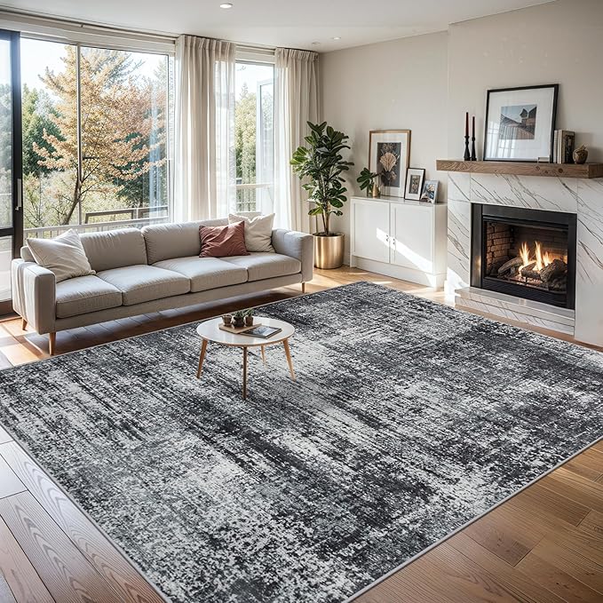 8x10 Area Rugs for Living Room - Washable Rug Modern Abstract Soft Large Neutral Non-Slip Carpet Indoor Floor Thin Carpets for Bedroom Dining Room Farmhouse Nursery Home Office Dark Black