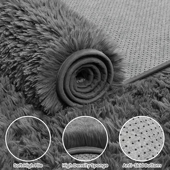 8x10 Fluffy Shag Area Rugs for Living Room Bedroom: Soft Plush Carpet Grey