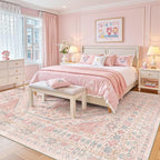 zesthome 10x12 Area Rugs for Girls Bedroom, Low Pile Machine Washable Rugs, Vintage Large Pink Rugs, Stain Resistant Nursery Room Rug, Baby Crawling Rug (Pink/Blue,10'x12')