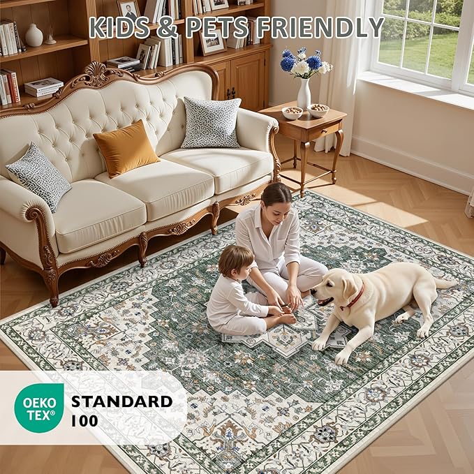 ExpediX 6x9 Area Rugs Living Room: Washable Rug for Bedroom Green Ivory