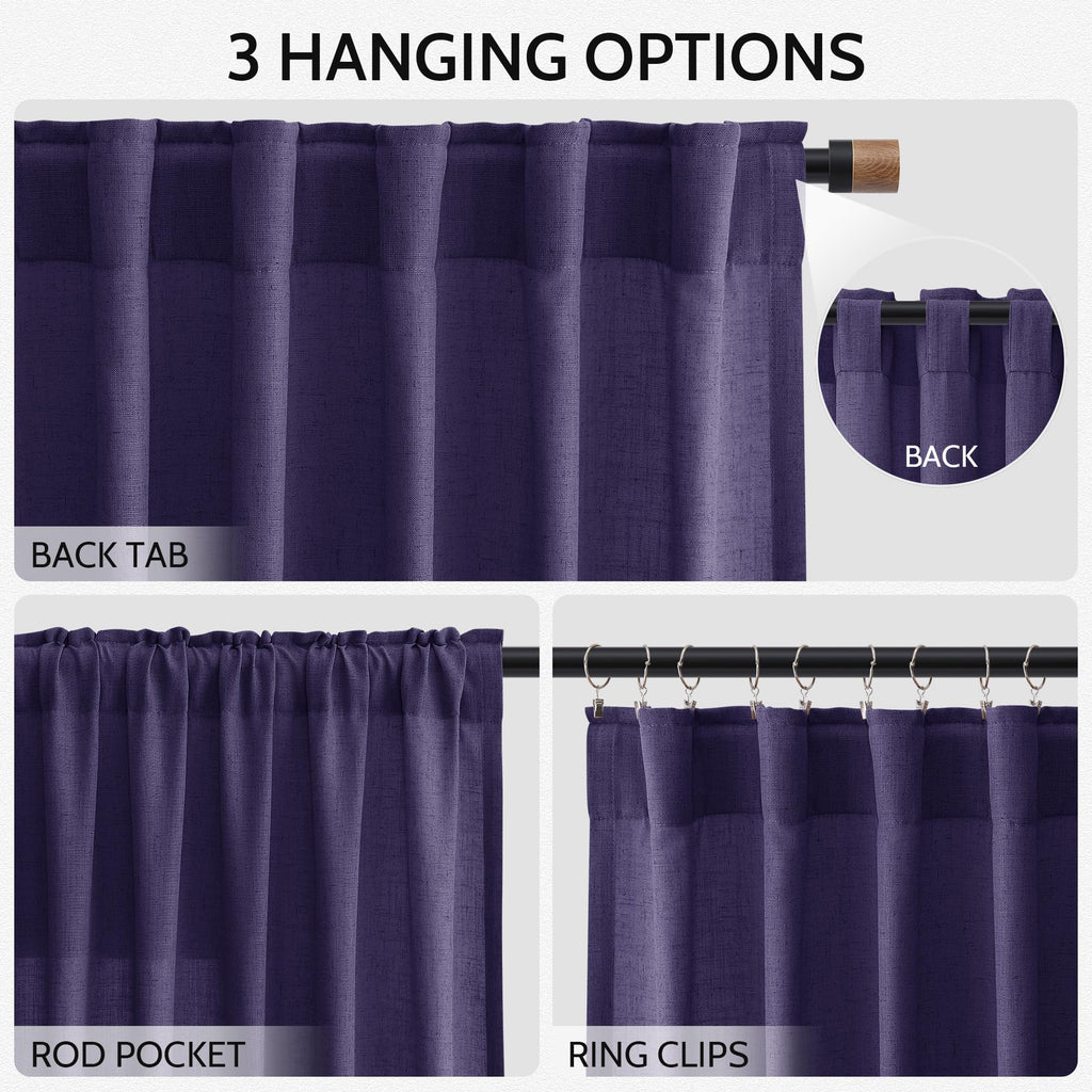 Extra Long Curtain Purple Morden Linen Blend Light Filtering Back Tab Curtains for Long Winodws 120 Inches Length, Semi Sheer Privacy Drapes for Living Room, 52x120 inch, 2 Panels