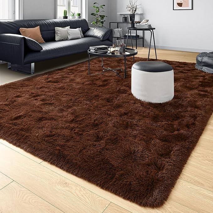 Tepook 5x8 Brown Area Rugs for Living Room Bedroom, Soft Fluffy Plush Shaggy Girls Boys Kids Room Rug, Shag Upgrade Non-Slip Throw Carpet for Dorms Nursery Classroom Home Decor