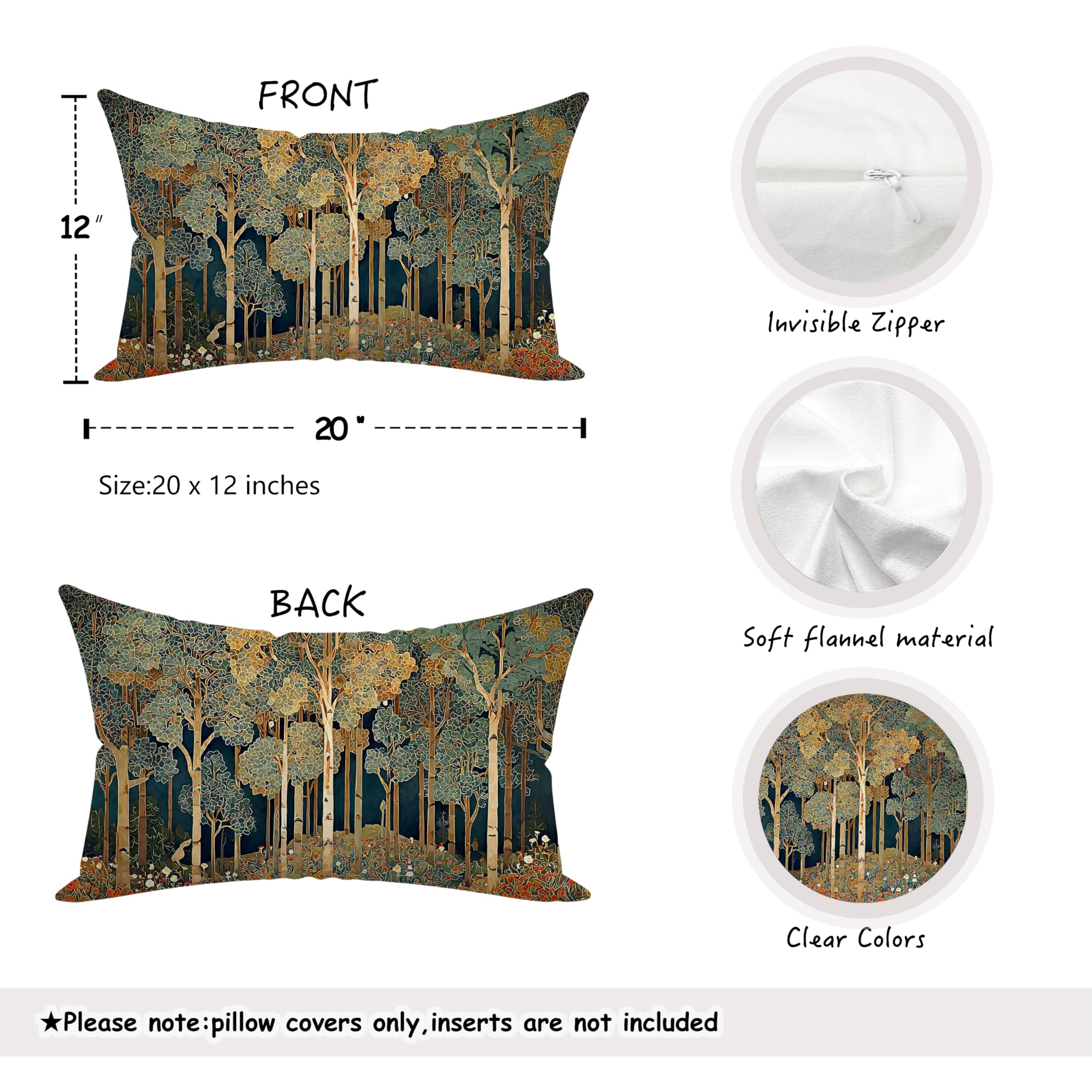 BUJSP Rustic William Morris Inspired Forest Green Pillow Covers 12x20 Set of 2,Vintage Botanical Nature Landscape Decorative Throw Pillow Covers for Home Bedroom Living Room