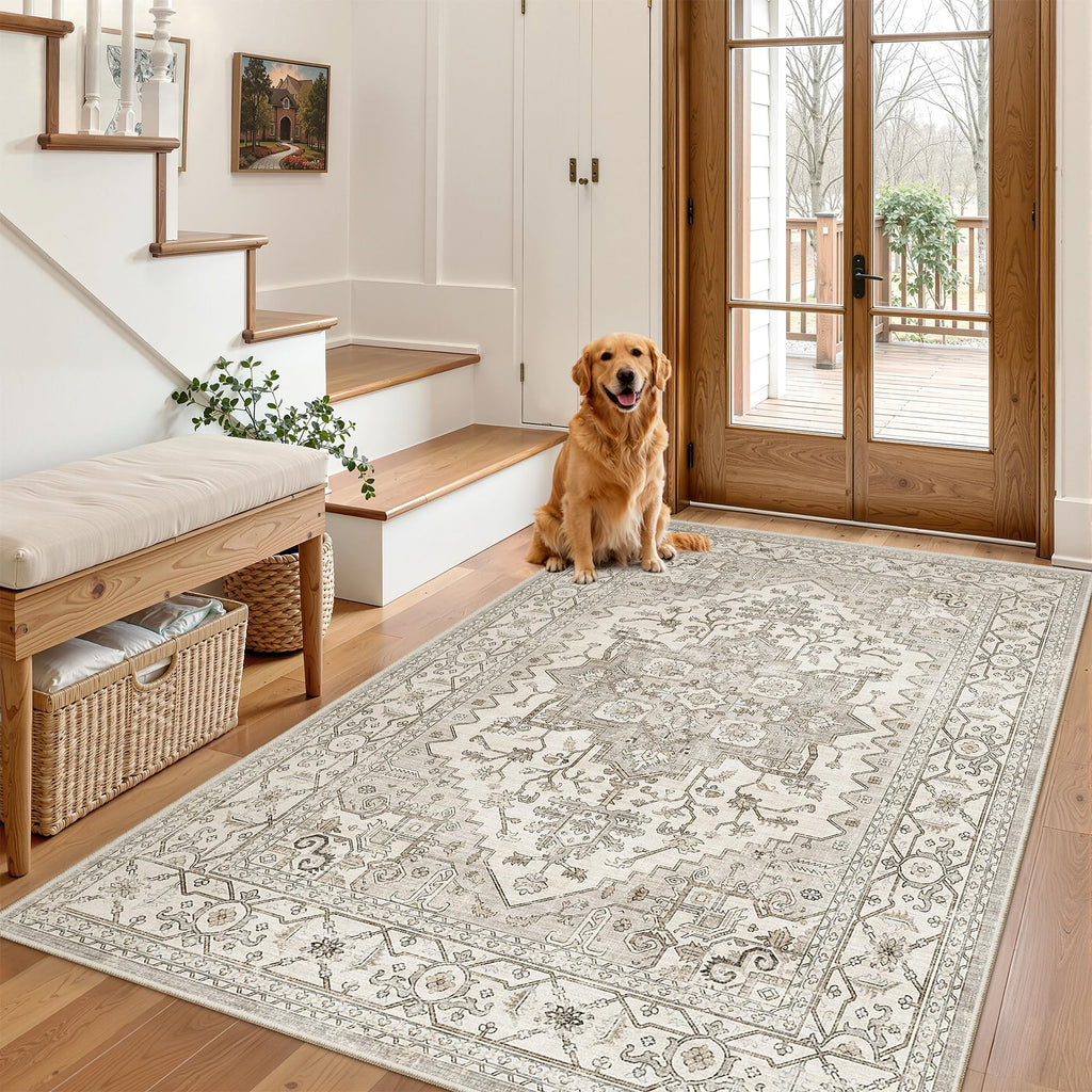 Madane Area Rug 4x6 Washable Rugs Vintage for Living Room, Beige/Brown