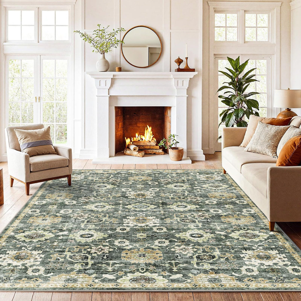 AMADA HOMEFURNISHING 5x7 Area Rugs, Washable Living Room Rug Low-Profile with Non-Slip Backing & Durable Edge Binding, Vintage 5x7 Rugs for Living Room, Bedroom, Dining Room