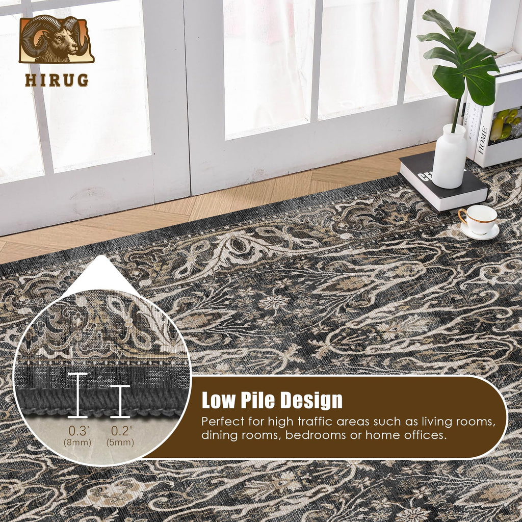Washable Area Rug 8' x 10' Vintage Traditional Persian Mat - Foldable Distressed Non-Slip Machine Washable Carpet for Living Room Bedroom Kitchen Home Decor - Ebony and Taupe