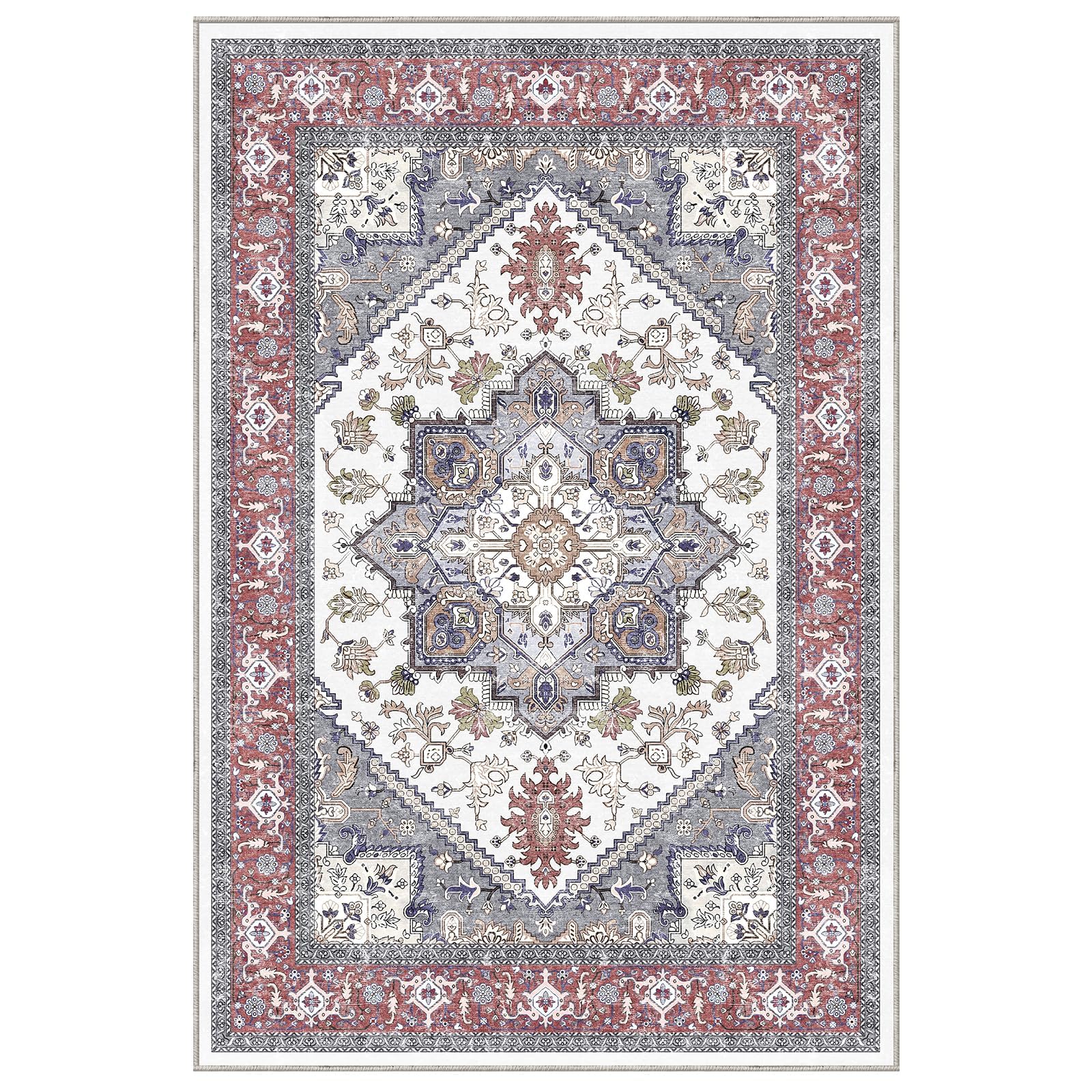 OPPODREAM Soft Area Rugs 2x3, Persian-Inspired Washable Rug, Red & Grey