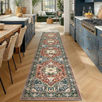 Yamaziot Washable Runner Rug, 2x10 Non-Slip Boho Vintage Hallway Rug Runner with Rubber Backing, Stain Resistant & Low Pile Faux Wool Distressed Carpet Runner for Kitchen, Laundry, Entrance