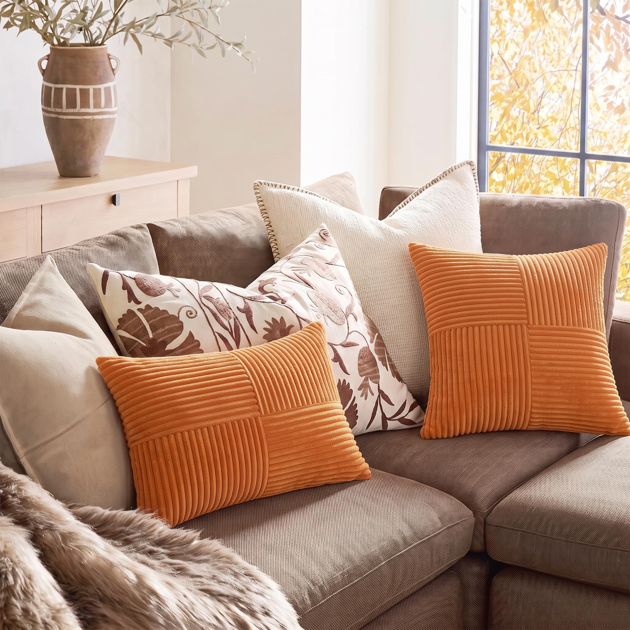 Fancy Homi 2 Packs Burnt Orange Decorative Throw Pillow Covers 22x22 Inch for Living Room Couch Bed, Rustic Farmhouse Boho Home Decor, Soft Corss Corduroy Patchwork Accent Square Cushion Case 55x55 cm