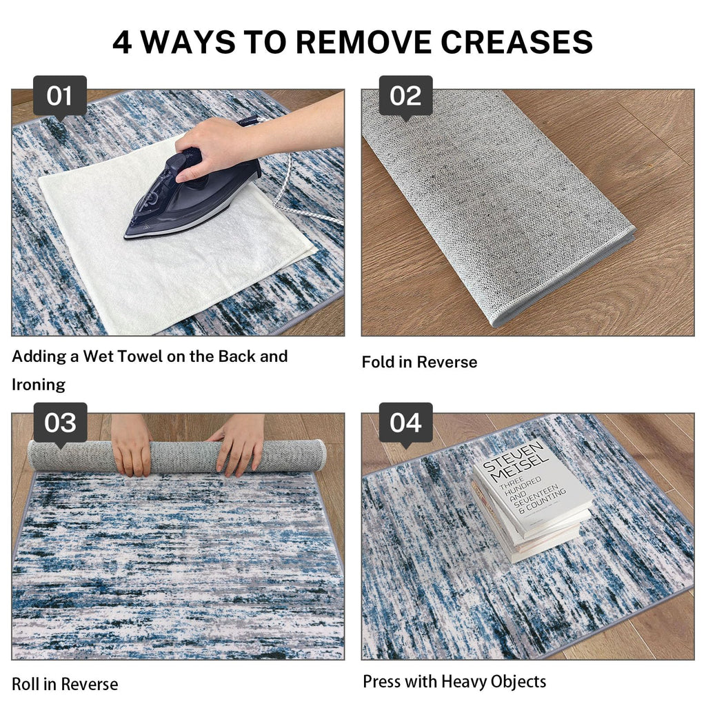 Lansny Modern Abstract Small Area Rug Indoor 3x5 Washable Rug Non-Slip Soft Entryway Rug Grey Blue White Kitchen Mats Thin Print Faux Wool Floor Carpet Throw Rugs for Entrance Bedroom Home Decor