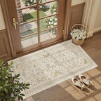 Madane Washable Area Rug 2x4, Small Entryway Rug Non-Slip Vintage Door Mat Indoor Entrance, Low Pile Floor Carpet Runner for Inside Front Door Kitchen Entry Laundry, Beige/Blue