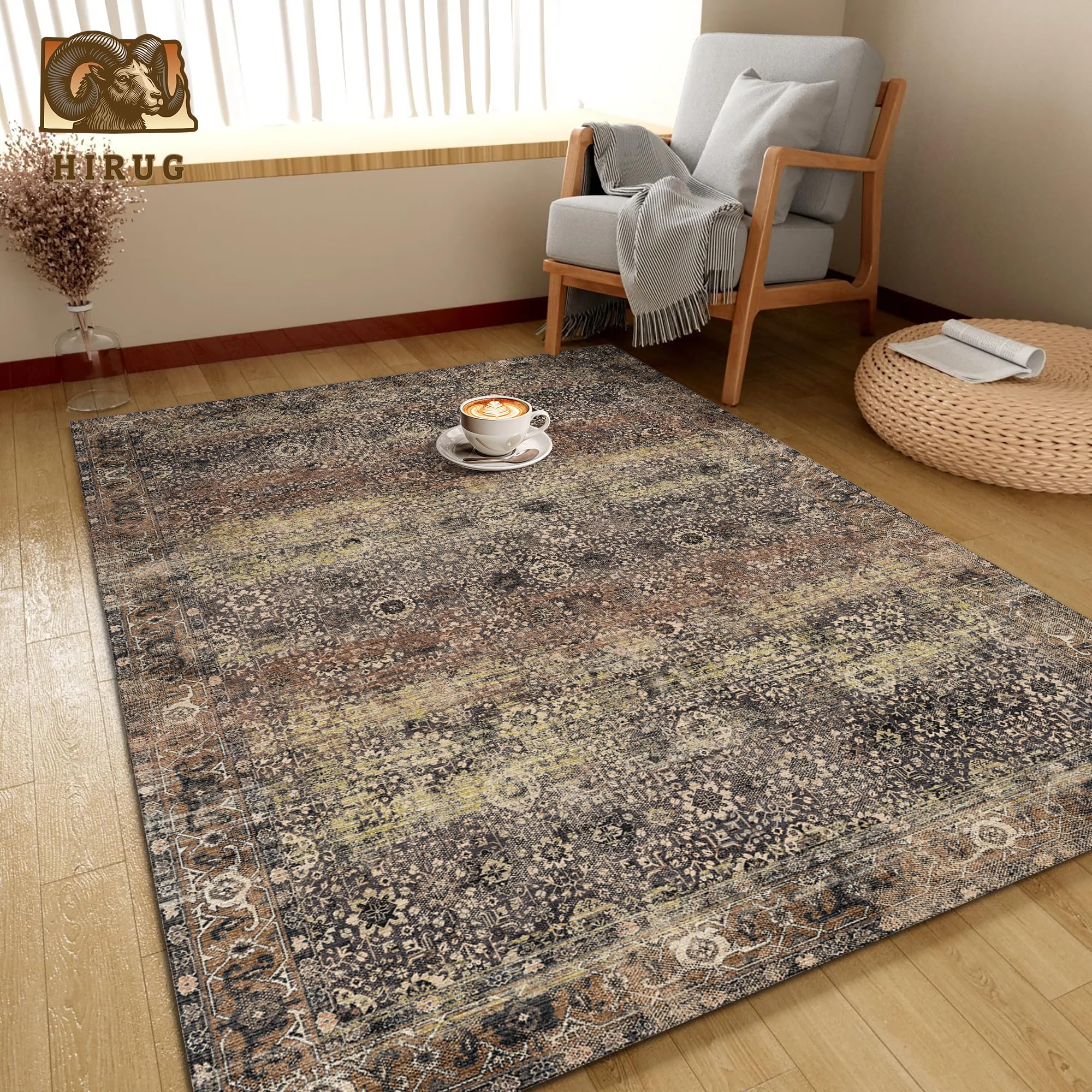 Washable Area Rug 4' x 6' Vintage Traditional Persian Mat - Foldable Distressed Non-Slip Machine Washable Carpet for Living Room Bedroom Kitchen Home Decor - Umber and Slate
