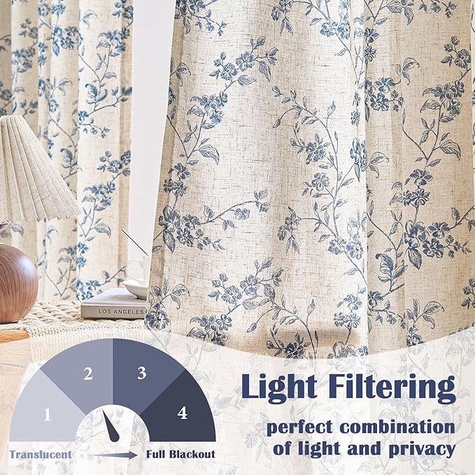 Lazzzy Farmhouse Linen Curtains Extra Long Blue Floral Curtains 108 Inch Long Back Tab Drapes for Living Room Bedroom Light Filtering Country Vintage Rod Pocket, 2 Panels, Blue on Beige