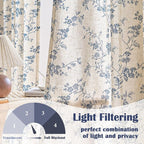 Lazzzy Floral Linen Curtains Farmhouse Extra Long Curtain for Living Room Bedroom Light Filtering Vintage Rod Pocket Back Tab Drapes for Home, 2 Panels, Blue on Beige, W38 X L108