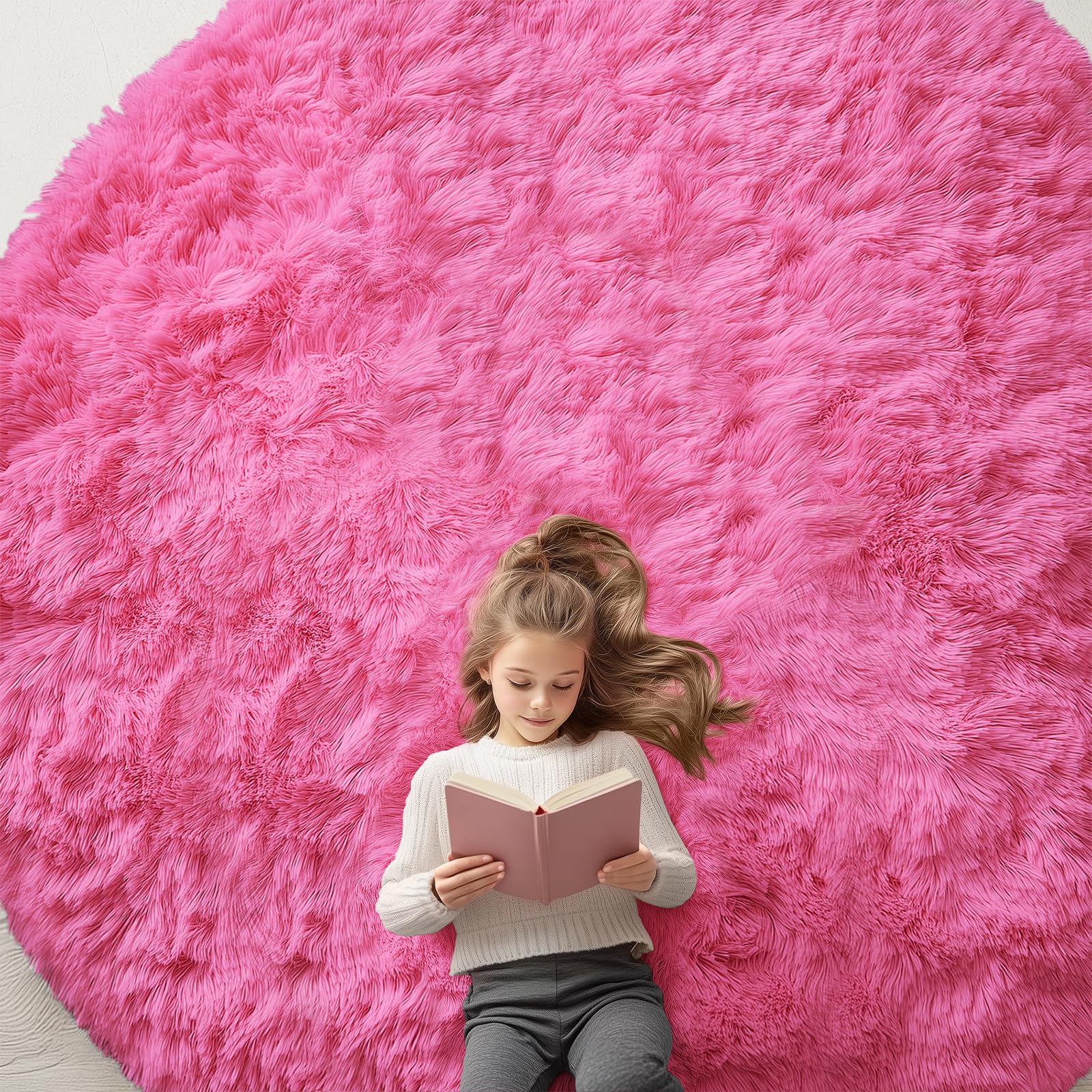 OLANLY Hot Pink Round Rugs for Bedroom - Machine Washable, 9 ft Circle Area Rugs for Living Room, Soft and Fluffy Shaggy Carpet for Teen Girls and Boys, Nursery Rooms, Dorms, Home Decor Aesthetic