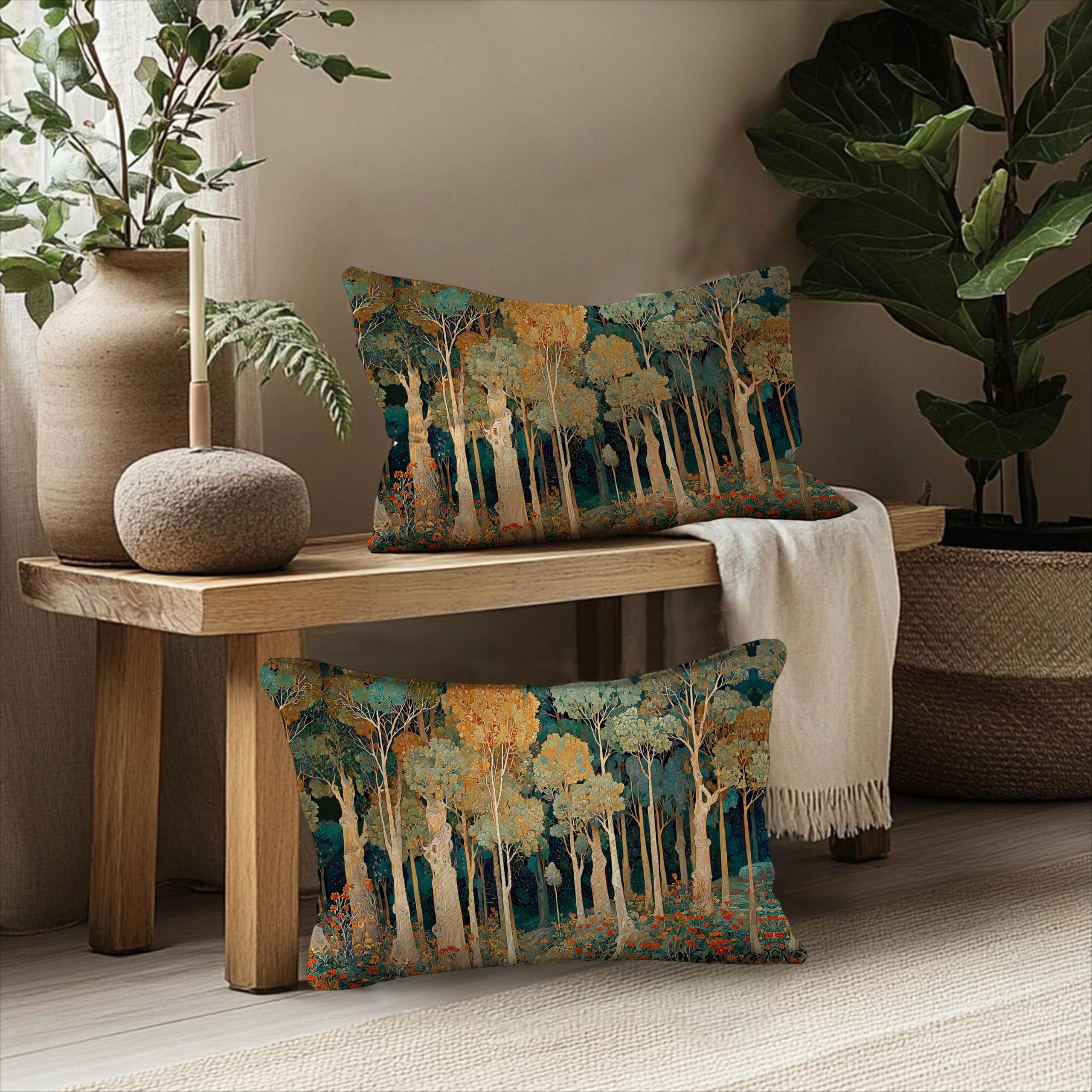 BUJSP Rustic William Morris Inspired Forest Green Pillow Covers 12x20 Set of 2,Vintage Botanical Nature Landscape Decorative Throw Pillow Covers for Home Bedroom Living Room