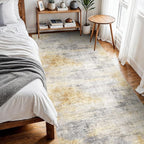 4x10 Washable Kitchen Runner Rug: Modern Abstract Wide Runners for Hallway Soft Non Slip Rugs with Rubber Backing Low Pile Thin Carpet for Entryway Bedroom Bathroom Laundry Indoor(Grey/Yellow,4x10)