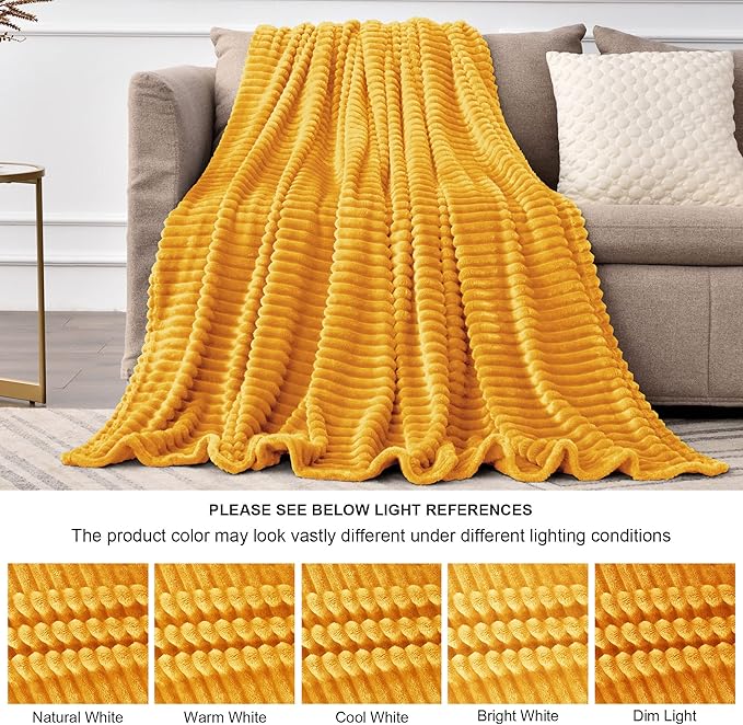 BEDELITE Fleece Blanket - 3D Ribbed Jacquard Decorative Yellow Throw Blanket for Couch & Bed, Lightweight Warm Cozy Soft Fuzzy Blankets All Seasons Suitable 50x60 inches