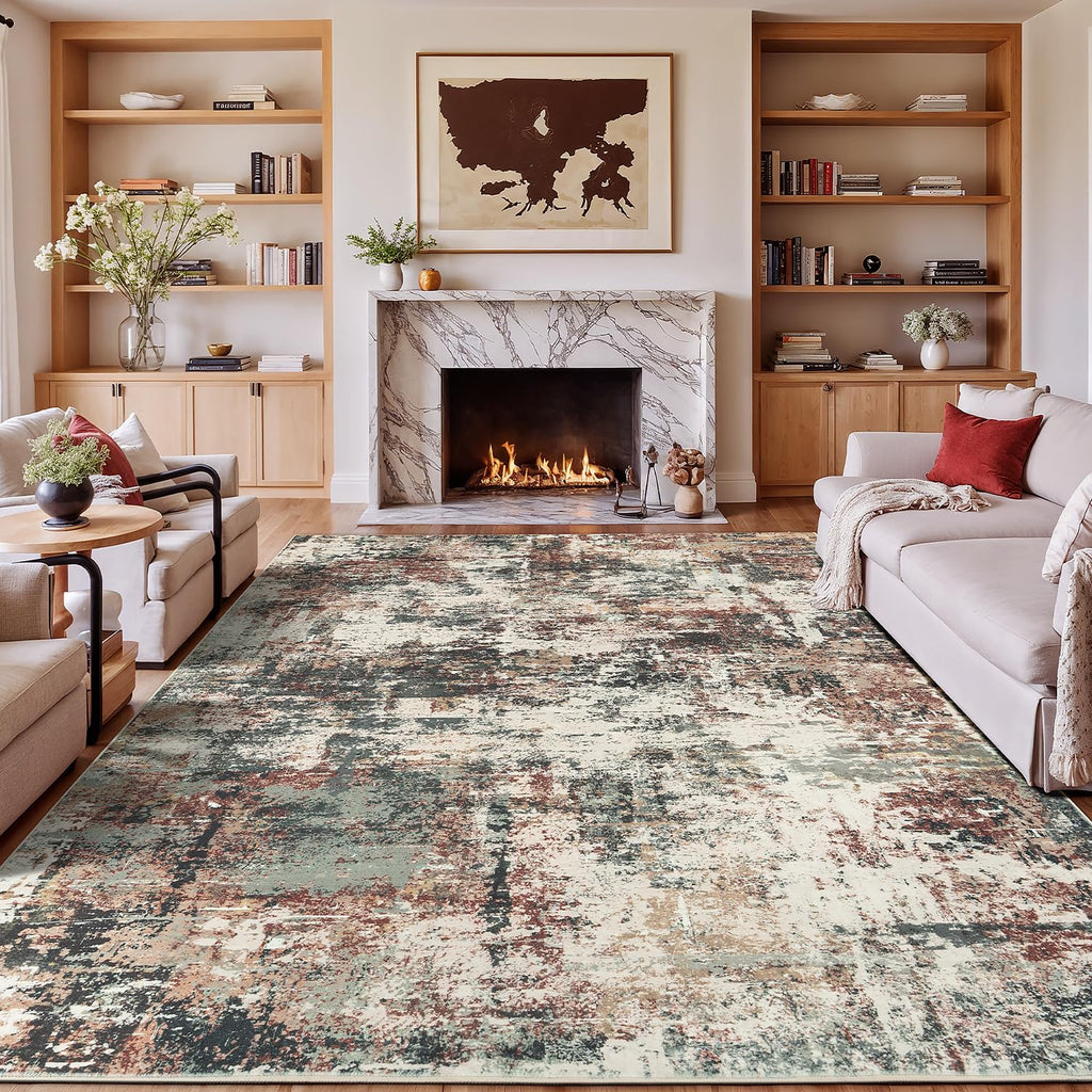 Rugflix 8x10 Area Rugs for Living Room, Washable Rust Brown Green Large Rug