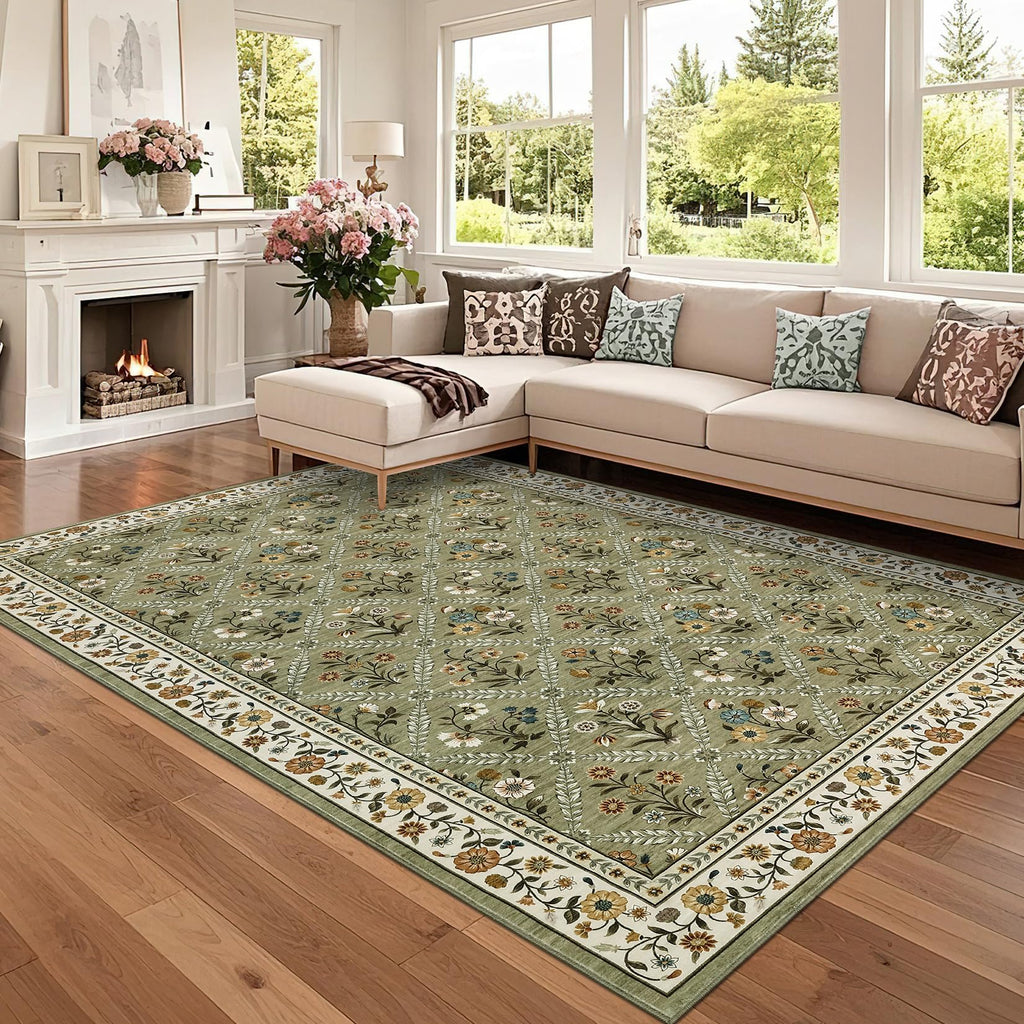 GarveeHome Large Entryway Rug 3x5 Floral Washable Area Rugs Vintage Soft Non-Slip Small Floor Carpet Doormat Stain Resistant Low-Pile Ultra-Thin Entry Mat for Bedside Kitchen Green