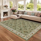 GarveeHome Large Entryway Rug 3x5 Floral Washable Area Rugs Vintage Soft Non-Slip Small Floor Carpet Doormat Stain Resistant Low-Pile Ultra-Thin Entry Mat for Bedside Kitchen Green