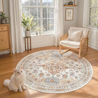 zesthome Washable Round Rug - 5ft Ultra-Thin Circle Area Rugs, Vintage Non-Slip Low Pile Rug for Living Room, Stain Resistant Rug for Bedroom, Entryway, Kitchen, Nursery