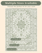 Madane 9x12 Area Rugs for Living Room, Machine Washable Vintage Green Rug with Non-Slip Backing, Soft Throw Large Rug, Thin Carpet for Bedroom Dining Room Farmhouse Under Table, Green/Ivory