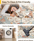 Area Rugs 6ft Washable Non-Slip, Floral Vintage Distress Print Pattern Medallion Carpet for Living Room Bedroom Dining Room, Beige Navy Blue Orange Colorful