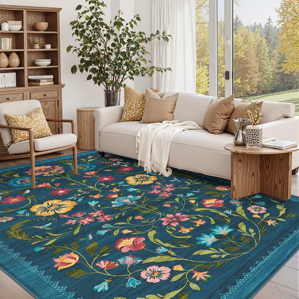 GarveeHome Washable Rug 8x10 Area Rugs for Living Room, Floral Rug for Bedroom, Soft Vintage Non Slip Throw Rugs with Rubber Back, Low Pile Stain Resistant Boho Floral Carpet for Dining Room, Blue