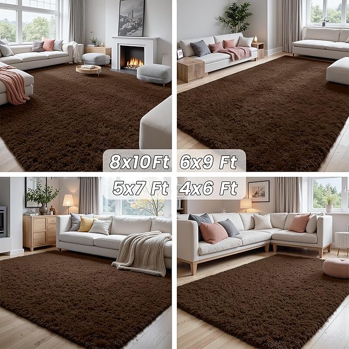 2x6 Fluffy Shag Area Rugs for Living Room Bedroom: Soft Plush Carpet Brown