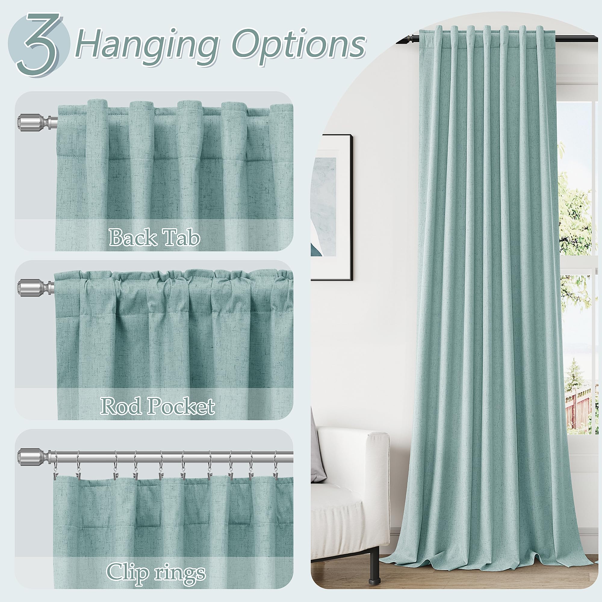 Guken Light Blue 100% Blackout Linen Curtains 108 Inch Length 2 Panels Set for Living Room Bedroom Back Tab/Rod Pocket Thermal Insulated Black Out Drapes Room Darkening Farmhouse Window Curtains