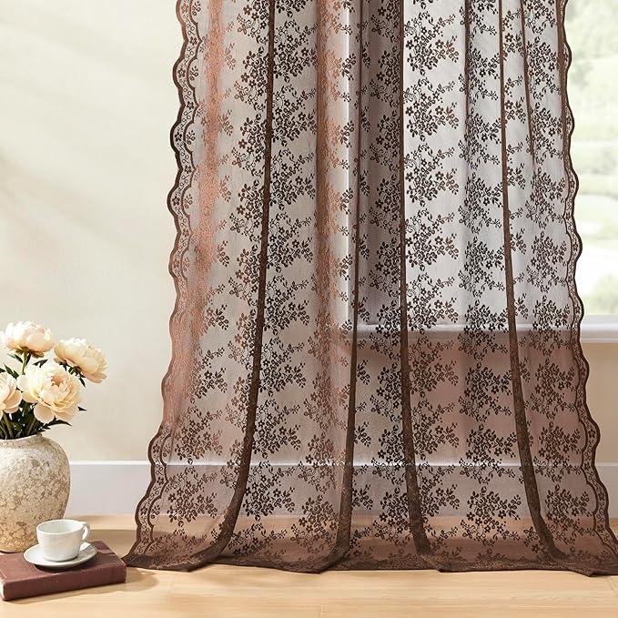 YJ YANJUN Vintage Lace Curtains 63 Inch Length-Victorian Floral Brown Sheer Curtain Panels for Living Room Bedroom,Light Filtering, Rustic Farmhouse Neutral Decor Set of 2 52W x 63L Espresso