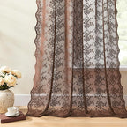 YJ YANJUN Vintage Lace Curtains 54 Inch Length-Brown Kitchen Curtains for Small Window, Victorian Floral Pattern, Light Filtering Voile Sheer Panels for Bedroom Bathroom 52" W x 54" L 2 Panels