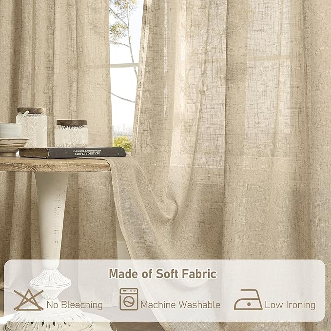 LAMIT Sheer Linen Curtains 96 inches Long 2 Panels Set for Bedroom, Brown