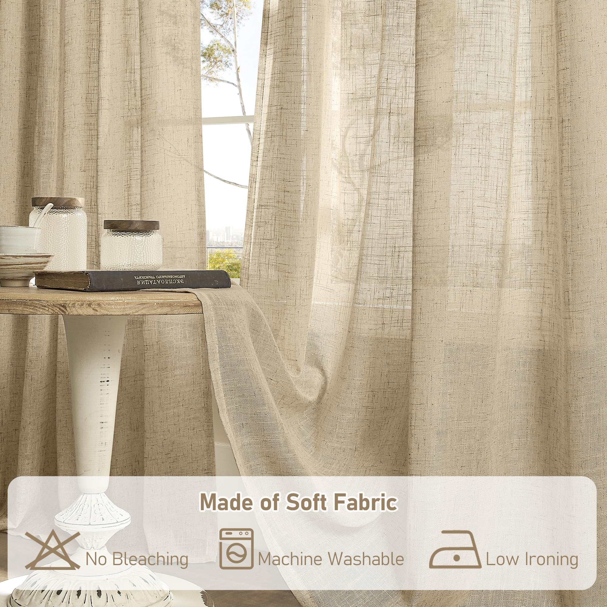 LAMIT Linen Blended Curtains for Bedroom, Light Filtering Drapes 2 Panels