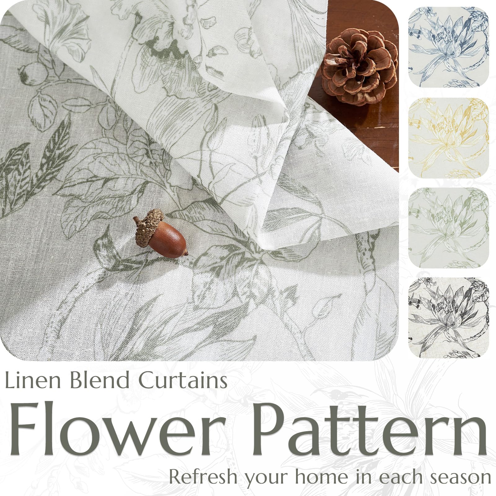 jinchan Grey Floral Linen Curtains 96 Inch Farmhouse Rod Pocket 2 Panels