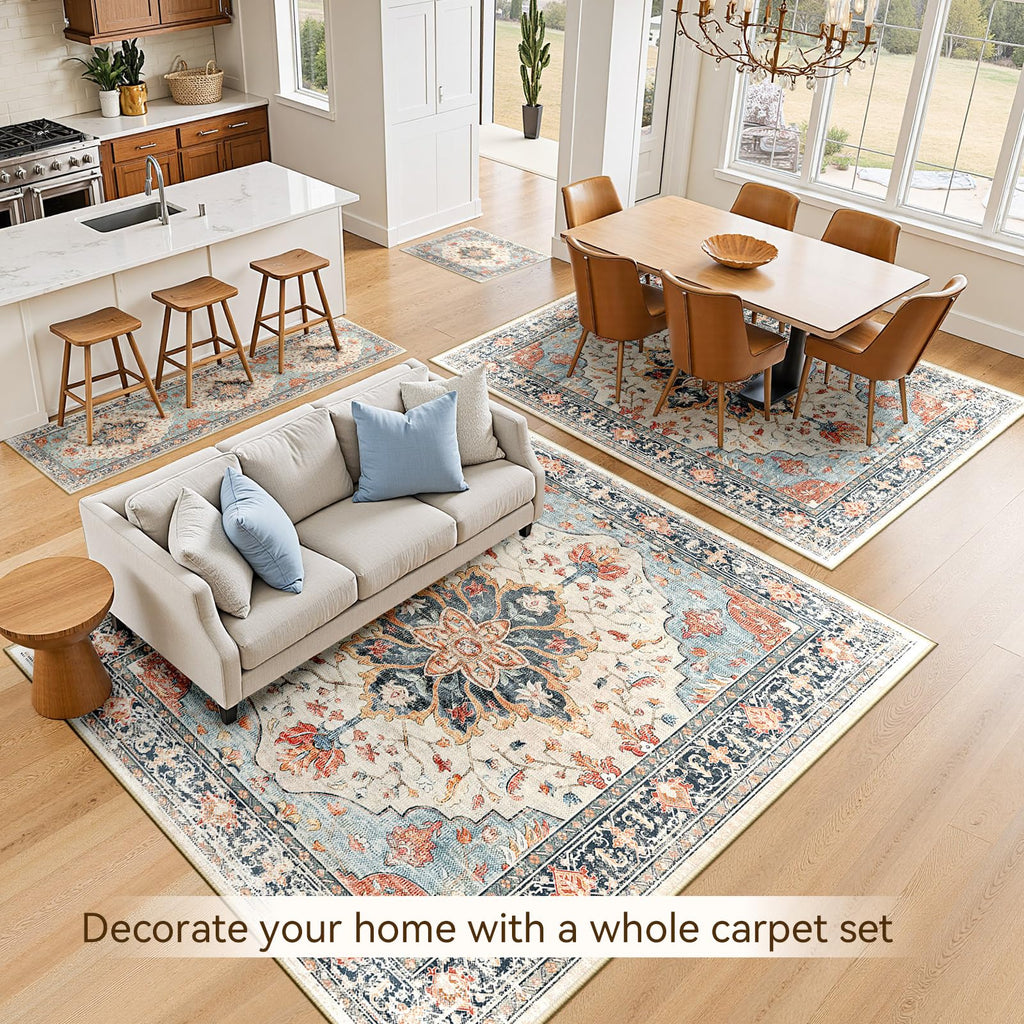 RELEANY Washable Area Rug, 6'x9', Beige/Blue/Orange