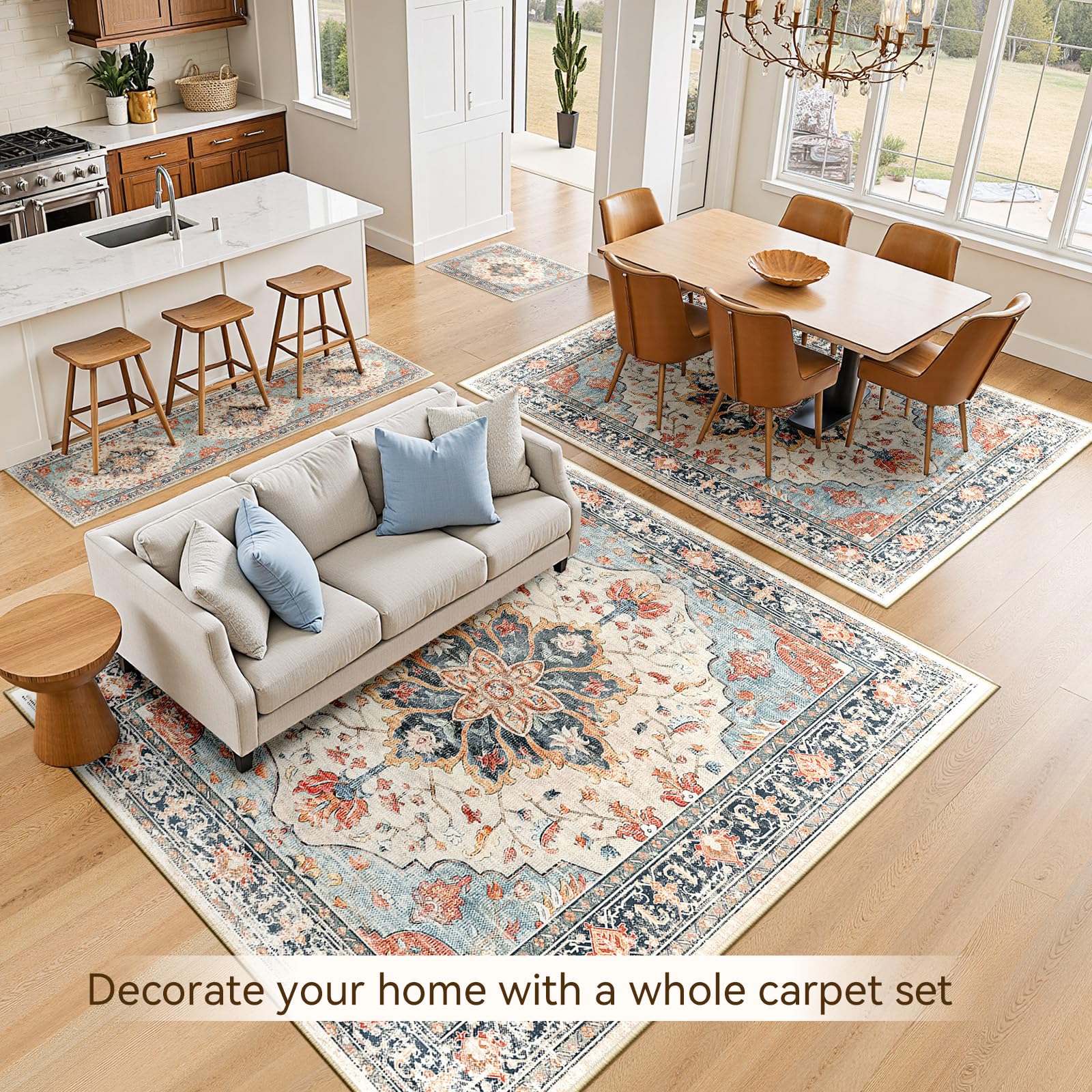 RELEANY Washable Area Rug, 6'x9', Beige/Blue/Orange