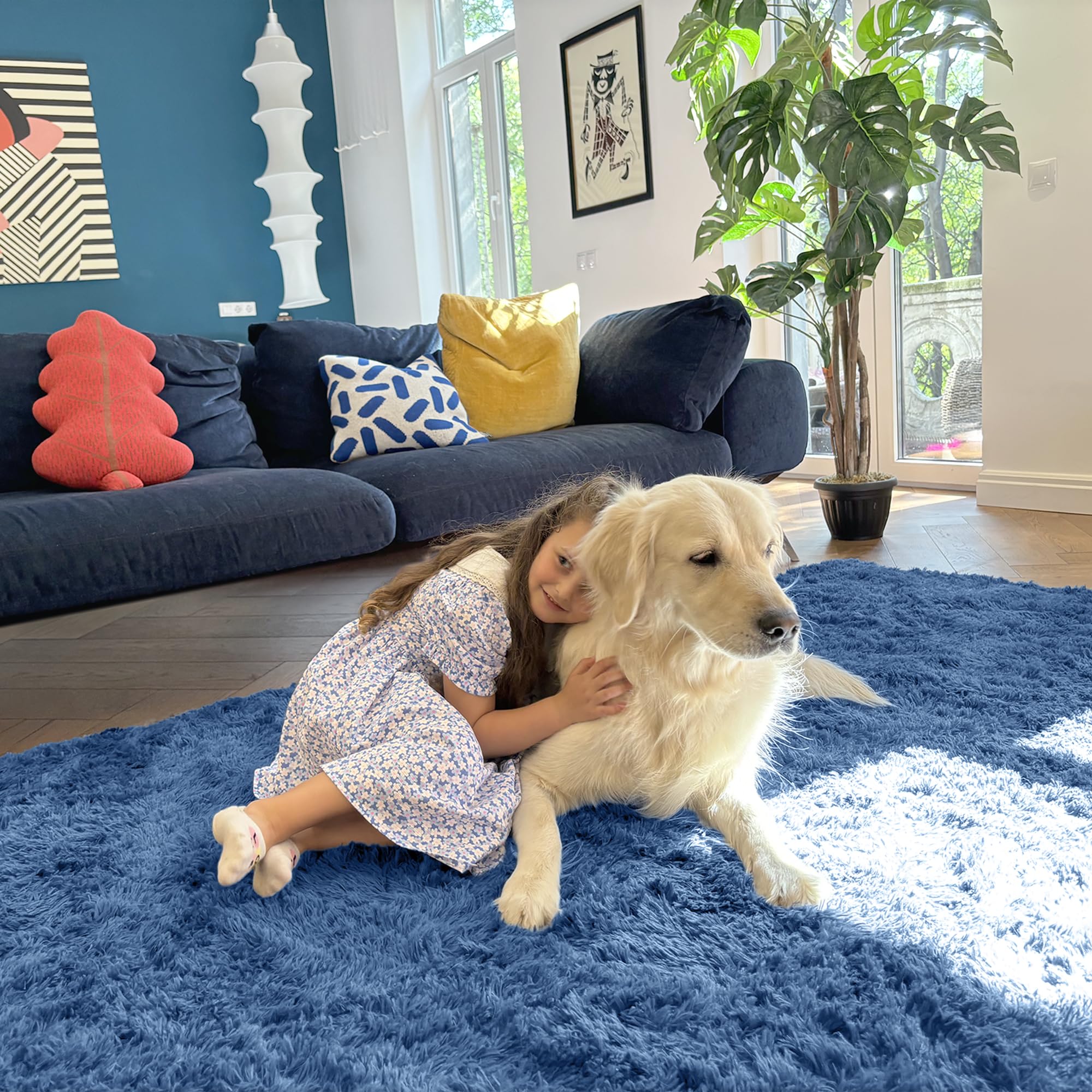OLANLY Area Rugs for Living Room Bedroom, Machine Washable 4x5.9 ft Soft Fluffy Shaggy Bedside Rug, Indoor Floor Carpet for Kids Girls and Boys, Dorms, Nursery Rooms, Home Decor Aesthetic, Blue