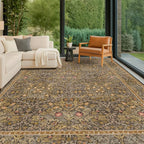 Washable 10x14 Living Room Rug - Brown Oriental Large Area Rug for Dining Room Under Table, Low Pile Non-Slip Floor Carpet for Bedroom Under Bed - Vintage Taupe Design & Stain Resistance