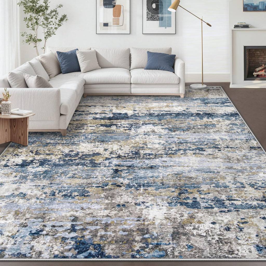 pmtsns Area Rugs 8x10 for Living Room: Washable Rug Modern Abstract Neutral Soft Non-Slip Low-Pile Indoor Large Carpet for Bedroom Dining Room Playroom Home Office (Blue Grey Brown, 8'x10')
