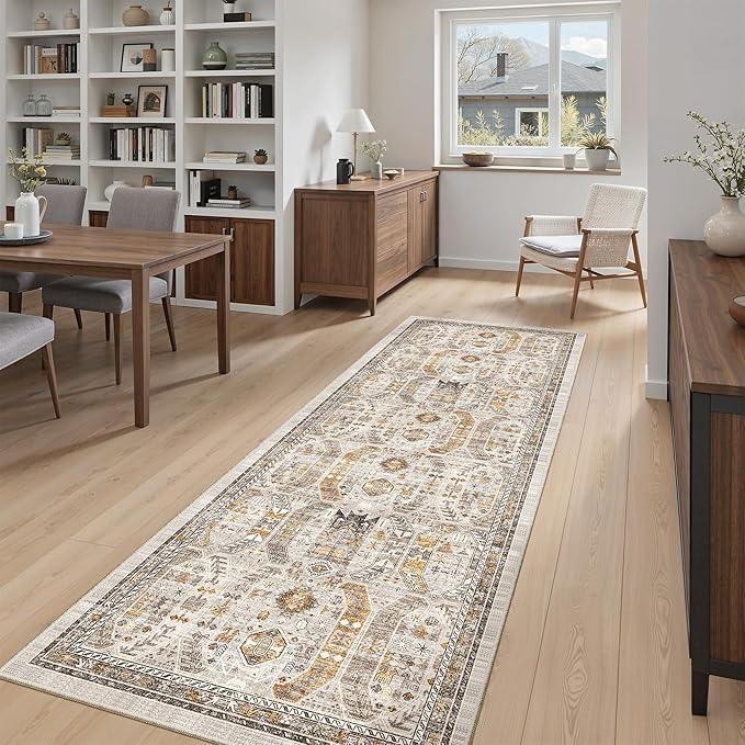 Madane Hallway Runner 3x8, Kitchen Rugs Washable Entry Rug, Brown/Gold